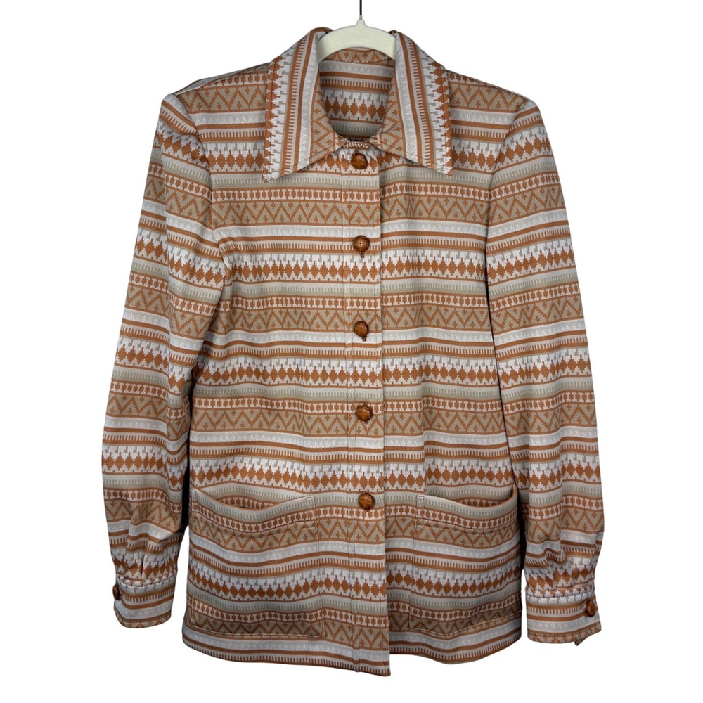 Vintage 70s Handmade Aztec Bonded Knit Jacket Women M/L Orange Southwestern